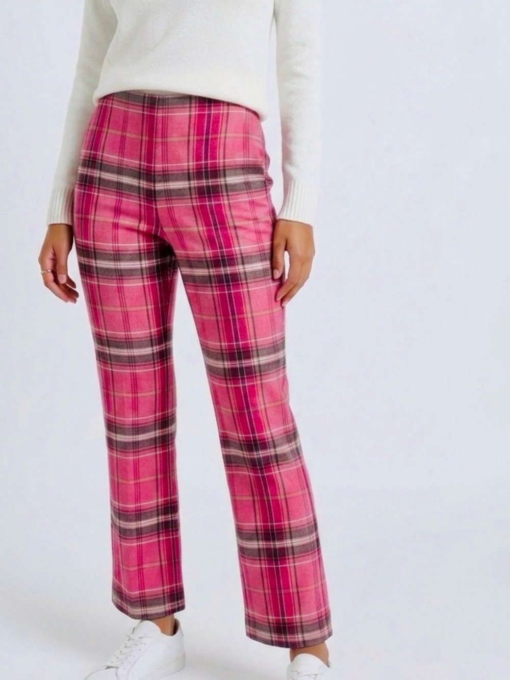 NEW YORK & CO. Hot Pink & Navy Blue Plaid Flat Front Straight Leg Stretchy Pants